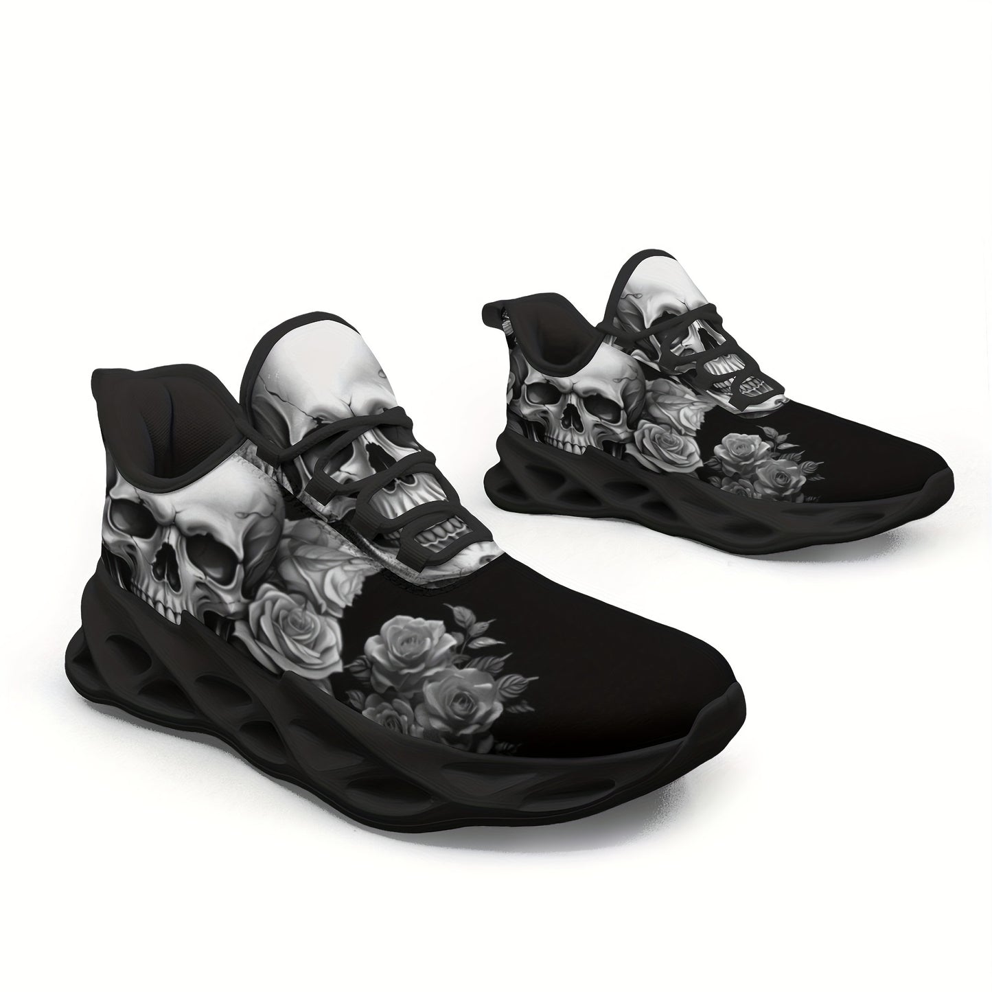 Men's Casual Cool Gothic Skull And Rose Print Sneakers, Comfortable Lightweight Running Shoes For All Seasons